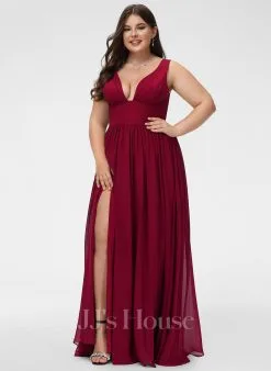 Jjshouse.fr Robe Trapèze Col V Longueur Ras Du Sol Mousseline Robe De Demoiselle D'honneur Avec Fendue Devant -Voiles mariée Soldes 0006db1a7587cd046db30a2223ecc4c6