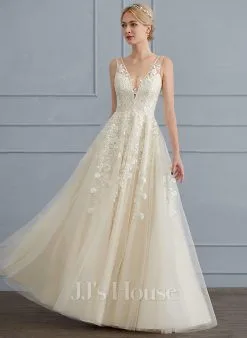 JJsHouse Robe Trapèze Col V Longueur Ras Du Sol Dentelle Tulle Robe De Mariée Avec Brodé Paillettes -Voiles mariée Soldes 01615e4f728442f5078980f01ad99a14