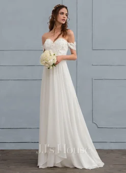 JJsHouse Robe Trapèze épaule Dénudée Balayage/pinceau Train Mousseline Robe De Mariée Avec Brodé Une Fleur