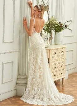 JJsHouse Forme Sirène/trompette Col V Traîne Mi-longue Dentelle Tulle Robe De Mariée