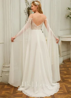 JJsHouse Robe Trapèze Accueil Froid Col V Balayage/pinceau Train Mousseline Dentelle Robe De Mariée Avec Brodé Paillettes -Voiles mariée Soldes 051a408f4eda1f3d4baa5d6b3e69c982