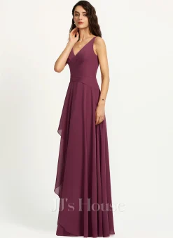 Jjshouse.fr Robe Trapèze Col V Longueur Ras Du Sol Mousseline Robe De Demoiselle D'honneur Avec Fendue Devant -Voiles mariée Soldes 057911edb13403baf2c6a9baff86c4ce