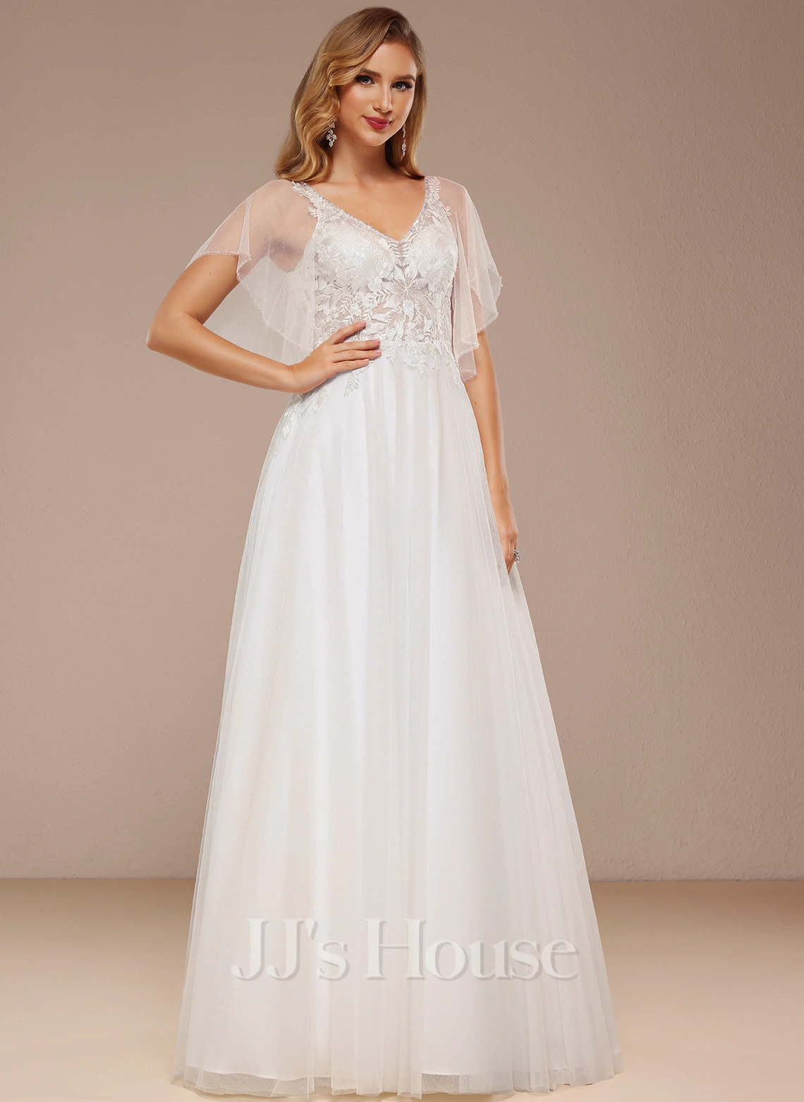 JJsHouse Robe Trapèze Col V Longueur Ras Du Sol Dentelle Tulle Robe De Mariée Avec Plissé Paillettes 5 JJsHouse Robe Trapèze Col V Longueur Ras Du Sol Dentelle Tulle Robe De Mariée Avec Plissé Paillettes – Image 5