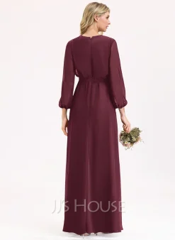 Jjshouse.fr Robe Trapèze Col V Longueur Ras Du Sol Mousseline Mousseline Robe De Demoiselle D'honneur Avec Arc Plissé Fendue Devant -Voiles mariée Soldes 075110322b8922bf52a129f308e7ae93