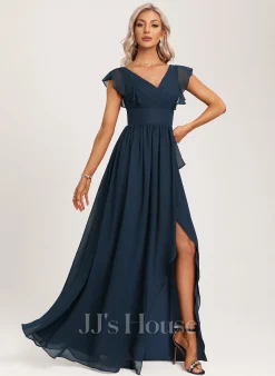 Jjshouse.fr Robe Trapèze Col V Asymétrique Mousseline Robe De Demoiselle D'honneur Avec Plissé