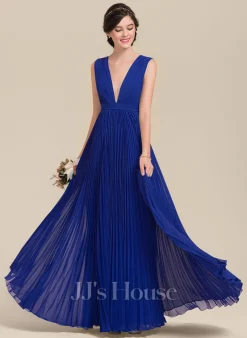 Jjshouse.fr Robe Trapèze Col V Longueur Ras Du Sol Mousseline Mousseline Robe De Demoiselle D'honneur Avec Arc Plissée