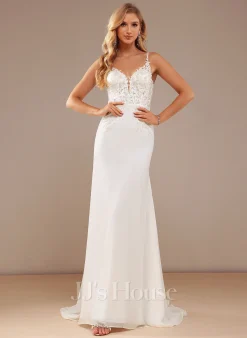 JJsHouse Forme Sirène/trompette Col V Traîne Moyenne Mousseline Dentelle Robe De Mariée Avec Brodé -Voiles mariée Soldes 09d780dec009f88c6609d87de40da8c3