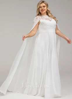 JJsHouse Robe Trapèze Col Haut Longueur Ras Du Sol Mousseline Dentelle Robe De Mariée -Voiles mariée Soldes 0c6281369d8e24594affa14b354ce46e