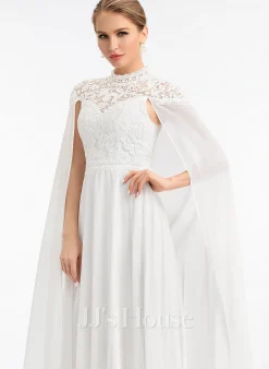 JJsHouse Robe Trapèze Col Haut Longueur Ras Du Sol Mousseline Dentelle Robe De Mariée