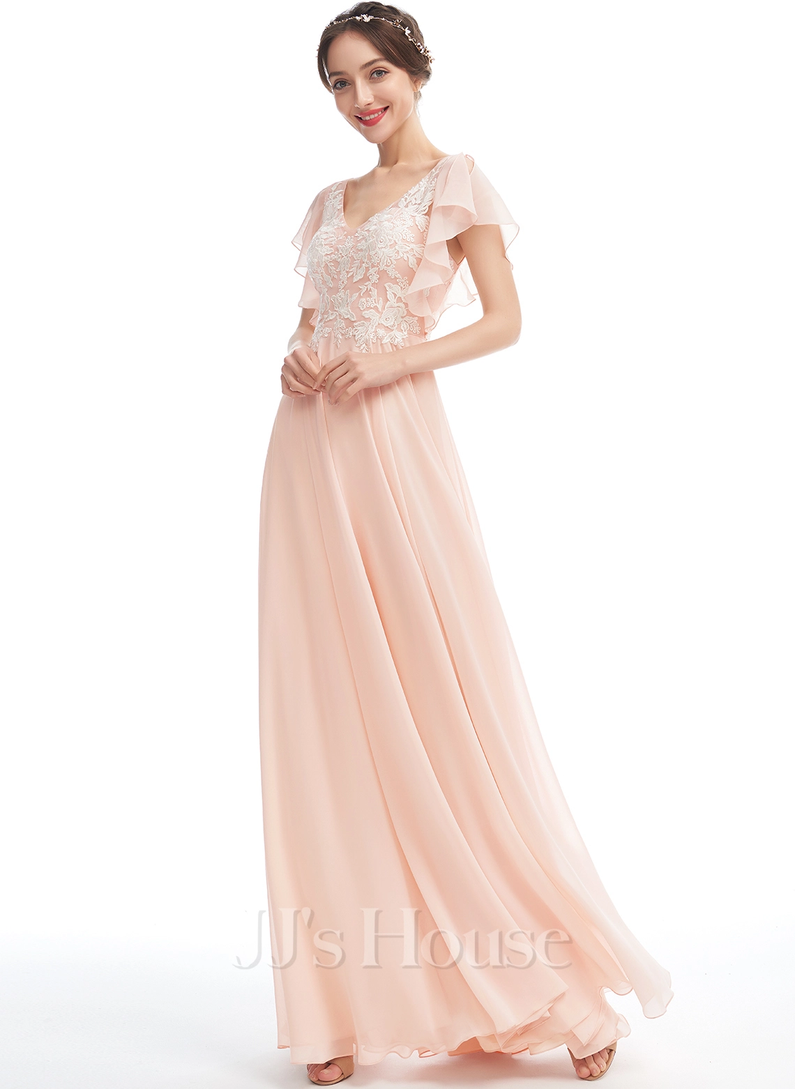 Jjshouse.fr Robe Trapèze Col V Longueur Ras Du Sol Mousseline Dentelle Robe De Demoiselle D'honneur Avec Plissé 5 Jjshouse.fr Robe Trapèze Col V Longueur Ras Du Sol Mousseline Dentelle Robe De Demoiselle D'honneur Avec Plissé – Image 5