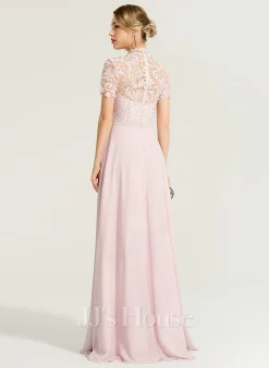 Jjshouse.fr Robe Trapèze Col Haut Longueur Ras Du Sol Mousseline Dentelle Mousseline Robe De Demoiselle D'honneur Avec Paillettes -Voiles mariée Soldes 0f025a58169413a7cfbcd471ec91e9ce