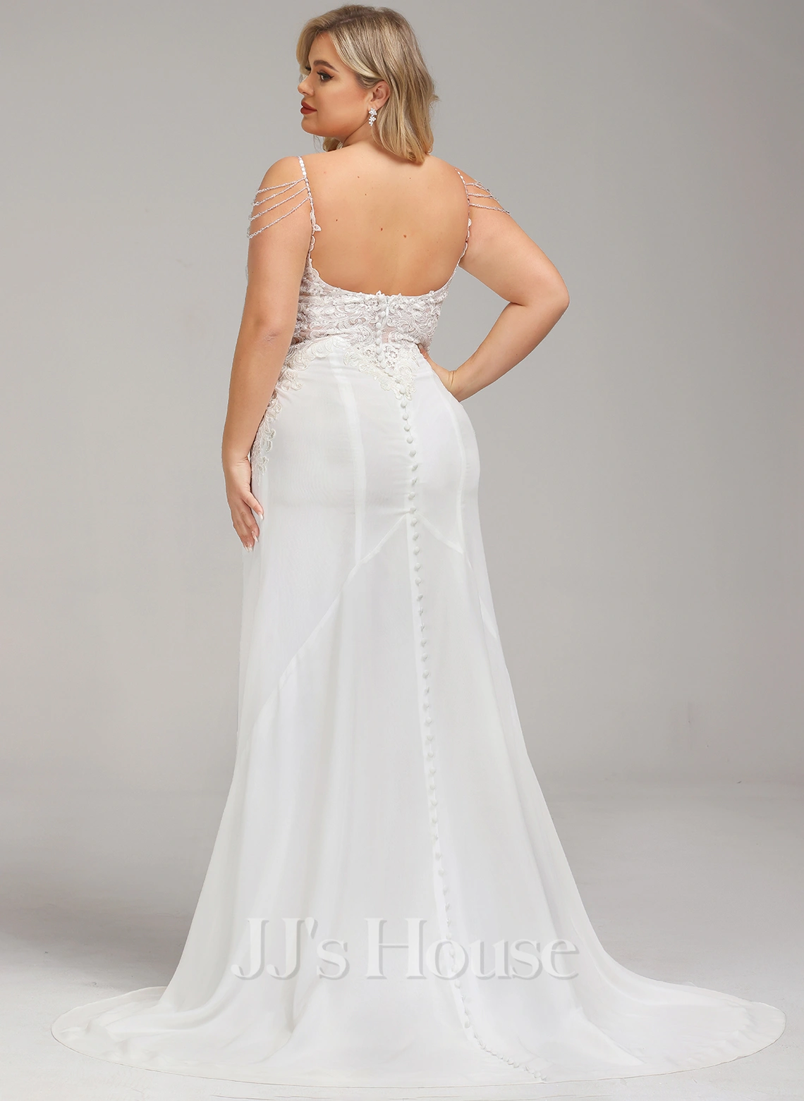 JJsHouse Forme Sirène/trompette Col V Traîne Moyenne Mousseline Dentelle Robe De Mariée Avec Brodé Paillettes 10 JJsHouse Forme Sirène/trompette Col V Traîne Moyenne Mousseline Dentelle Robe De Mariée Avec Brodé Paillettes – Image 10