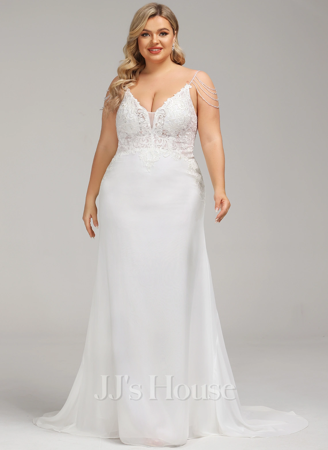 JJsHouse Forme Sirène/trompette Col V Traîne Moyenne Mousseline Dentelle Robe De Mariée Avec Brodé Paillettes 9 JJsHouse Forme Sirène/trompette Col V Traîne Moyenne Mousseline Dentelle Robe De Mariée Avec Brodé Paillettes – Image 9