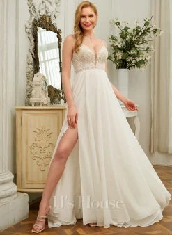 JJsHouse Robe Trapèze Accueil Froid Col V Balayage/pinceau Train Mousseline Dentelle Robe De Mariée Avec Brodé Paillettes -Voiles mariée Soldes 110dfbb35f381053da5542c8419fe62e