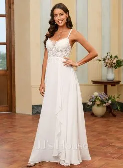 JJsHouse Robe Trapèze Col V Longueur Ras Du Sol Mousseline Dentelle Robe De Mariée Avec Paillettes