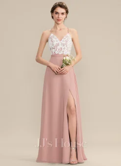 Jjshouse.fr Robe Trapèze Col V Longueur Ras Du Sol Mousseline Dentelle Dentelle Mousseline Robe De Demoiselle D'honneur Avec Fendue Devant