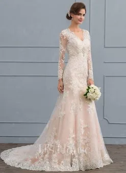 JJsHouse Forme Sirène/trompette Col V Traîne Moyenne Dentelle Tulle Robe De Mariée