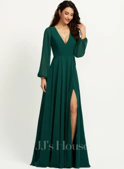 Jjshouse.fr Robe Trapèze Col V Longueur Ras Du Sol Mousseline Robe De Demoiselle D'honneur Avec Fendue Devant -Voiles mariée Soldes 166117c87e8752201aff3ddd02909e5c