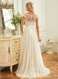 JJsHouse Robe Trapèze Scoop Balayage/pinceau Train Dentelle Tulle Robe De Mariée Avec Plissé -Voiles mariée Soldes 16d0eae19c6dc4c8ca35f17988cb3598