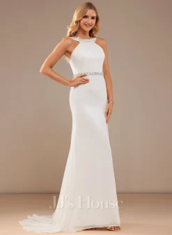 JJsHouse Forme Sirène/trompette Col Haut Traîne Moyenne Mousseline Dentelle Robe De Mariée Avec Brodé -Voiles mariée Soldes 1712aecc35ee278180deec7914b7ae80