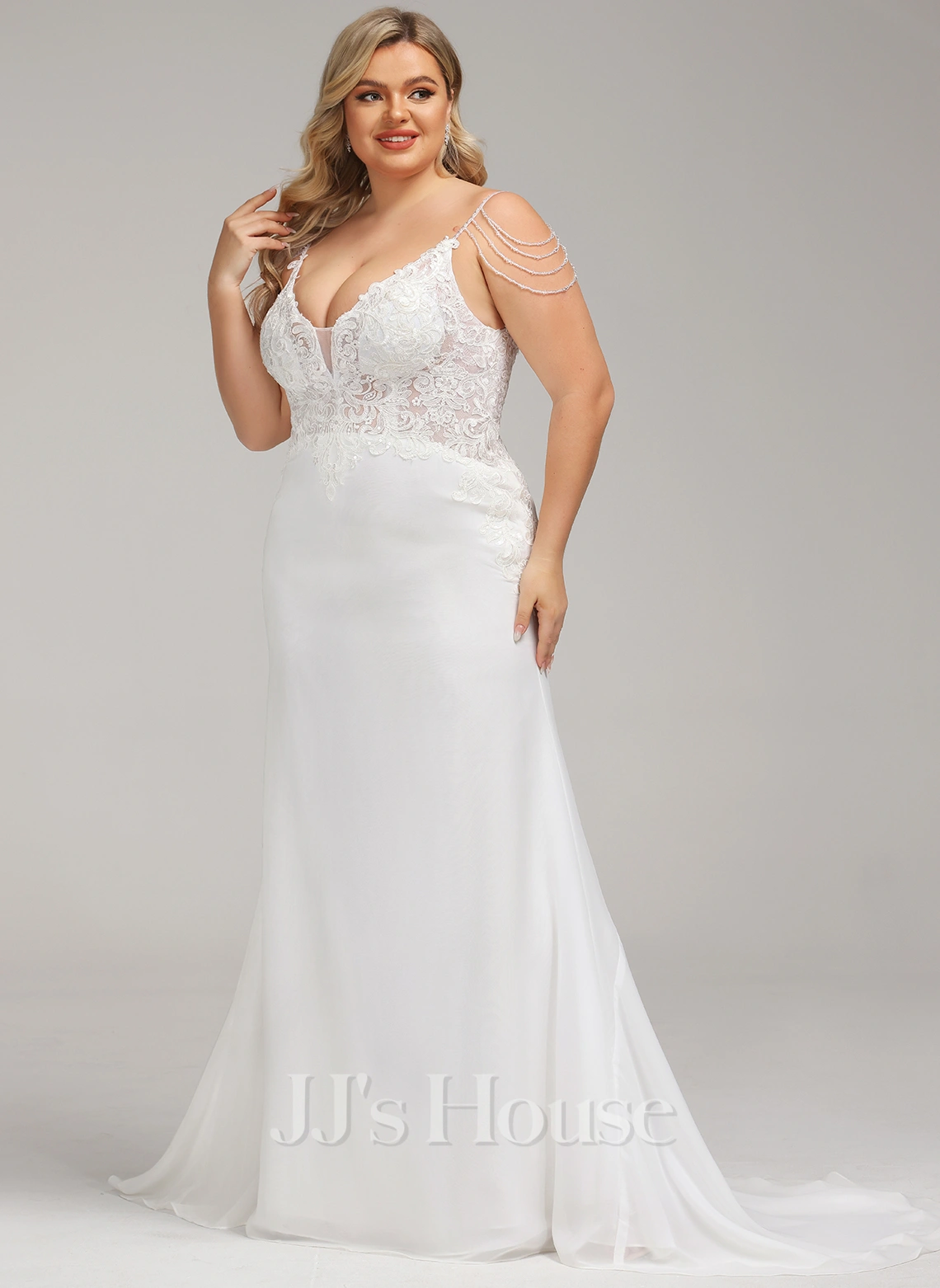 JJsHouse Forme Sirène/trompette Col V Traîne Moyenne Mousseline Dentelle Robe De Mariée Avec Brodé Paillettes 15 JJsHouse Forme Sirène/trompette Col V Traîne Moyenne Mousseline Dentelle Robe De Mariée Avec Brodé Paillettes – Image 15