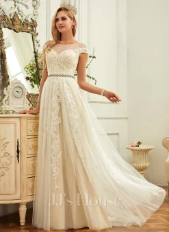 JJsHouse Robe Trapèze Scoop Balayage/pinceau Train Dentelle Tulle Robe De Mariée Avec Plissé -Voiles mariée Soldes 184a042452aa5cdc4076e9f1da341fbb