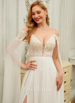 JJsHouse Robe Trapèze Accueil Froid Col V Balayage/pinceau Train Mousseline Dentelle Robe De Mariée Avec Brodé Paillettes -Voiles mariée Soldes 19166ad6917996e24d452994bf1fec88