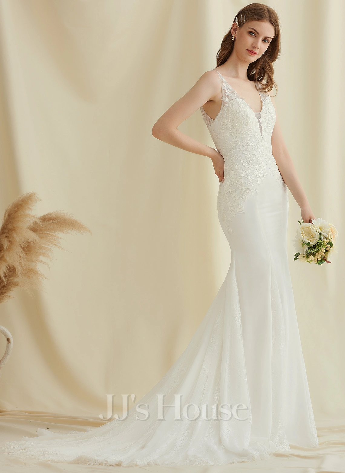 JJsHouse Forme Sirène/trompette Col V Traîne Moyenne Mousseline Dentelle Robe De Mariée 5 JJsHouse Forme Sirène/trompette Col V Traîne Moyenne Mousseline Dentelle Robe De Mariée – Image 5