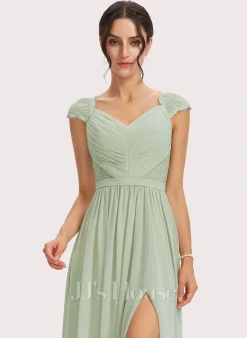 Jjshouse.fr Robe Trapèze Col V Longueur Ras Du Sol Mousseline Robe De Demoiselle D'honneur Avec Dentelle Fendue Devant -Voiles mariée Soldes 1cc179cc767aa438625c3a008204406d