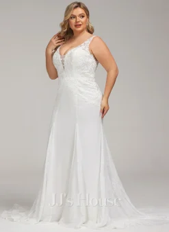 JJsHouse Forme Sirène/trompette Col V Traîne Moyenne Mousseline Dentelle Robe De Mariée 28 JJsHouse Forme Sirène/trompette Col V Traîne Moyenne Mousseline Dentelle Robe De Mariée -Voiles mariée Soldes 1d3b3c1750c780a22bd2dd893f8de4c9