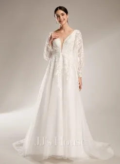 JJsHouse Robe Marquise/princesse Col V Traîne Mi-longue Dentelle Satiné Tulle Robe De Mariée Avec Paillettes