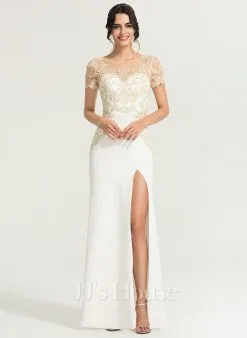 JJsHouse Fourreau Scoop Longueur Ras Du Sol Dentelle Crêpe Stretch Robe De Mariée