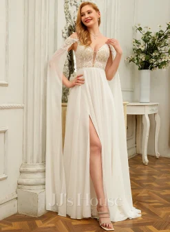 JJsHouse Robe Trapèze Accueil Froid Col V Balayage/pinceau Train Mousseline Dentelle Robe De Mariée Avec Brodé Paillettes -Voiles mariée Soldes 202a2a453e0a64de4533240292448be8