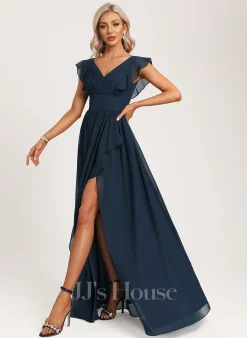 Jjshouse.fr Robe Trapèze Col V Asymétrique Mousseline Robe De Demoiselle D'honneur Avec Plissé -Voiles mariée Soldes 205b79d22deb61948dd743e1b0cf5327