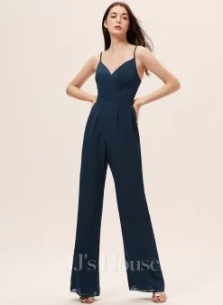Jjshouse.fr Jumpsuit / Pantsuit Col V Longueur Ras Du Sol Mousseline Mousseline Robe De Demoiselle D'honneur Avec Plissé