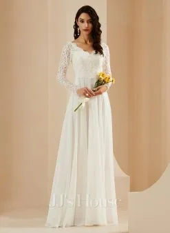 JJsHouse Robe Trapèze Col V Balayage/pinceau Train Mousseline Dentelle Robe De Mariée -Voiles mariée Soldes 24d174fd3d0ba3cfac5fb127b3604933