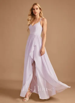 Jjshouse.fr Robe Trapèze Col V Asymétrique Mousseline Robe De Demoiselle D'honneur Avec Plissé Fendue Devant