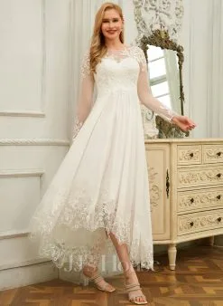 JJsHouse Robe Trapèze Scoop Asymétrique Mousseline Dentelle Robe De Mariée Avec Paillettes -Voiles mariée Soldes 25958a519632afa81f860b1add8aa641