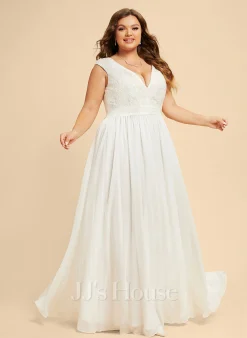 JJsHouse Robe Trapèze Col V Longueur Ras Du Sol Mousseline Dentelle Robe De Mariée -Voiles mariée Soldes 25c8c0e2e58a9314ab583fd9316829a0