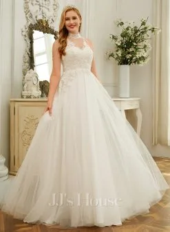 JJsHouse Robe Marquise/princesse Col Haut Balayage/pinceau Train Dentelle Tulle Robe De Mariée Avec Brodé Paillettes