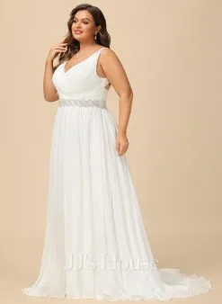 JJsHouse Robe Trapèze Col V Balayage/pinceau Train Mousseline Robe De Mariée Avec Brodé Plissé Paillettes -Voiles mariée Soldes 2912364753daf88016d294a678a5cb7e