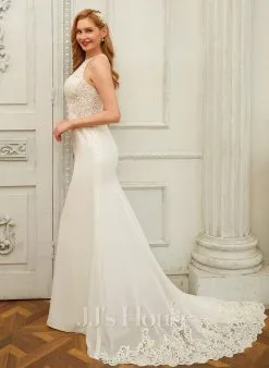 JJsHouse Forme Sirène/trompette Scoop Traîne Moyenne Mousseline Dentelle Robe De Mariée Avec Paillettes