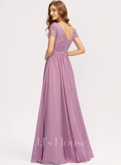 Jjshouse.fr Robe Trapèze Col V Longueur Ras Du Sol Mousseline Dentelle Mousseline Robe De Demoiselle D'honneur Avec Fendue Devant -Voiles mariée Soldes 2d32f899f5e2cfe26490aaddd1fddc86