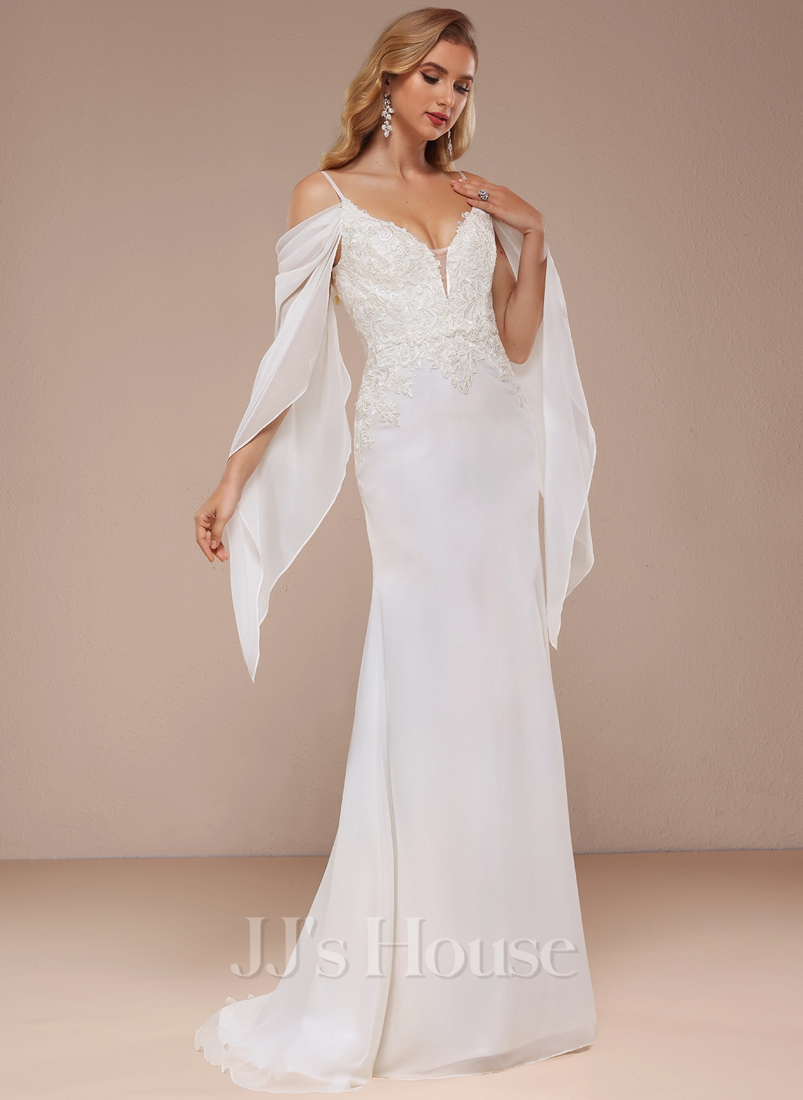 JJsHouse Forme Sirène/trompette Accueil Froid Balayage/pinceau Train Mousseline Dentelle Robe De Mariée 1 JJsHouse Forme Sirène/trompette Accueil Froid Balayage/pinceau Train Mousseline Dentelle Robe De Mariée