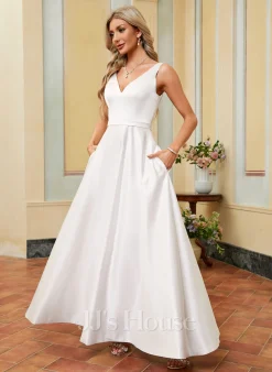 JJsHouse Robe Trapèze Col V Longueur Ras Du Sol Satiné Robe De Mariée -Voiles mariée Soldes 2e396e81f5a07bfb51964a4e89791359