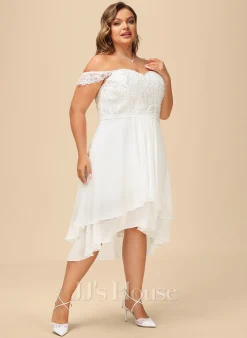 JJsHouse Robe Trapèze épaule Dénudée Asymétrique Mousseline Dentelle Robe De Mariée Avec Brodé Paillettes -Voiles mariée Soldes 2f037a30e3fc50feb91c1f97d3976c0f