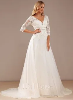 JJsHouse Robe Marquise/princesse Col V Traîne Moyenne Dentelle Tulle Robe De Mariée Avec Brodé Paillettes