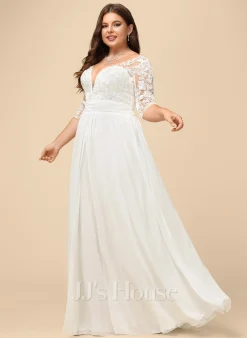 JJsHouse Robe Trapèze Col V Longueur Ras Du Sol Mousseline Dentelle Robe De Mariée Avec Plissé Paillettes -Voiles mariée Soldes 32ad96e1256584a51bc1b4350d9c214c