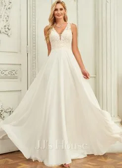 JJsHouse Robe Trapèze Col V Balayage/pinceau Train Mousseline Dentelle Robe De Mariée -Voiles mariée Soldes 33448a882d279c021ad66d533a35c720