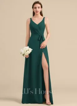Jjshouse.fr Robe Trapèze Col V Longueur Ras Du Sol Mousseline Mousseline Robe De Demoiselle D'honneur Avec Arc Plissé Fendue Devant